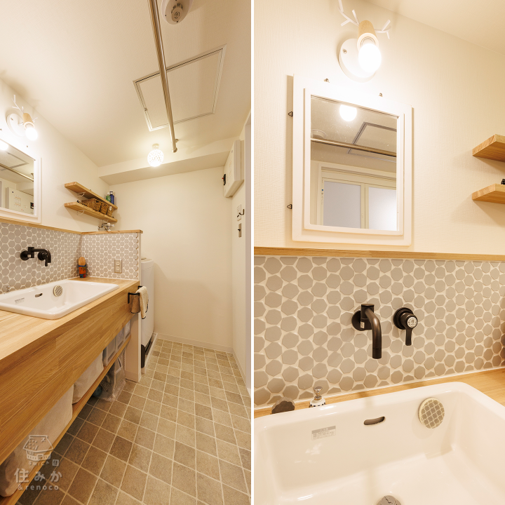 玄関ホールの収納がショップのディスプレイのように映えるお家 アースカラーで統一した洗面・ユーティリティ